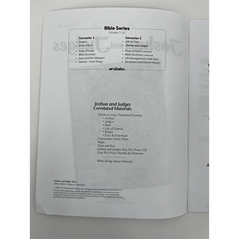 Abeka Book of Judges and Joshua and Video Manual Teacher Test Key Grade 8